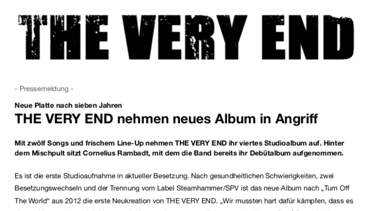 DEUTSCH: The Very End nehmen neues Album in Angriff - Pressemeldung