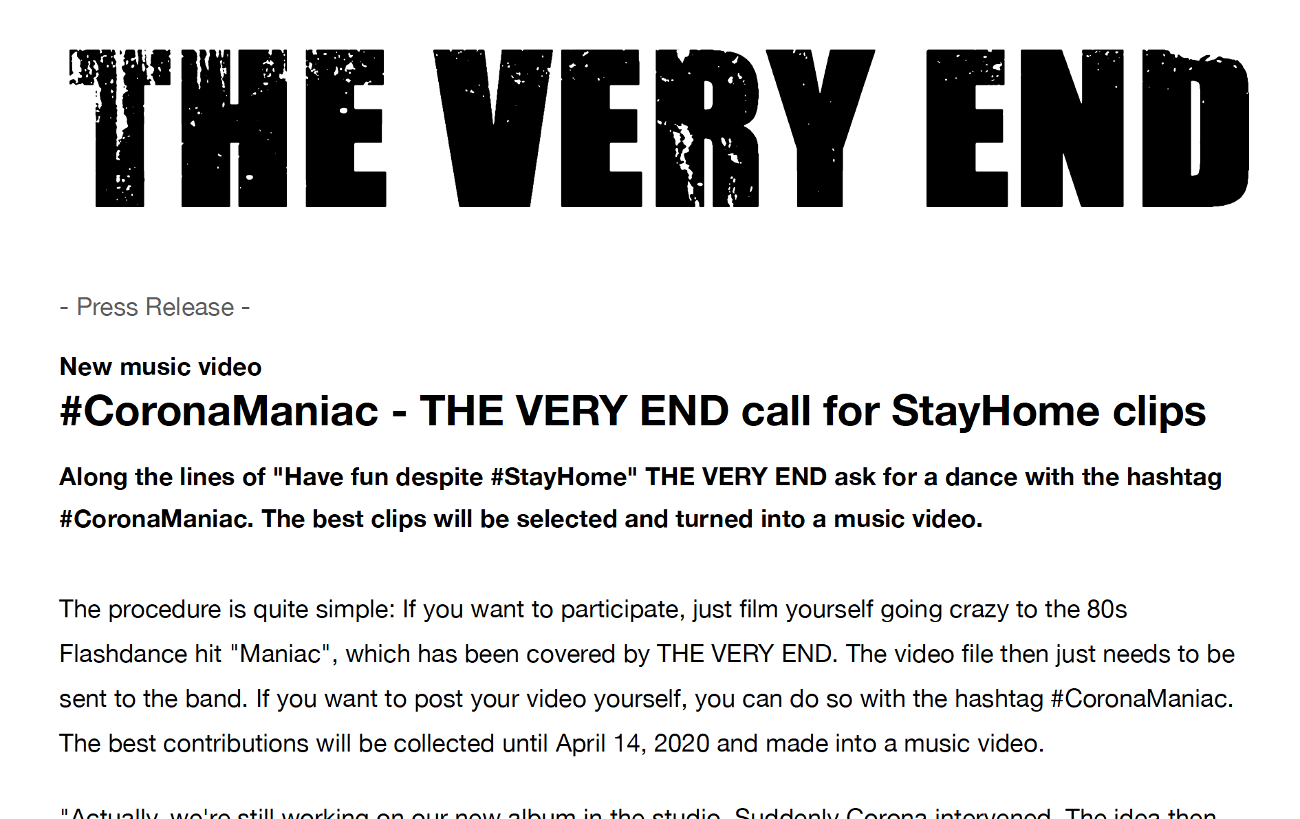 ENGLISH: #CoronaManiac - THE VERY END call for StayHome clips - press release