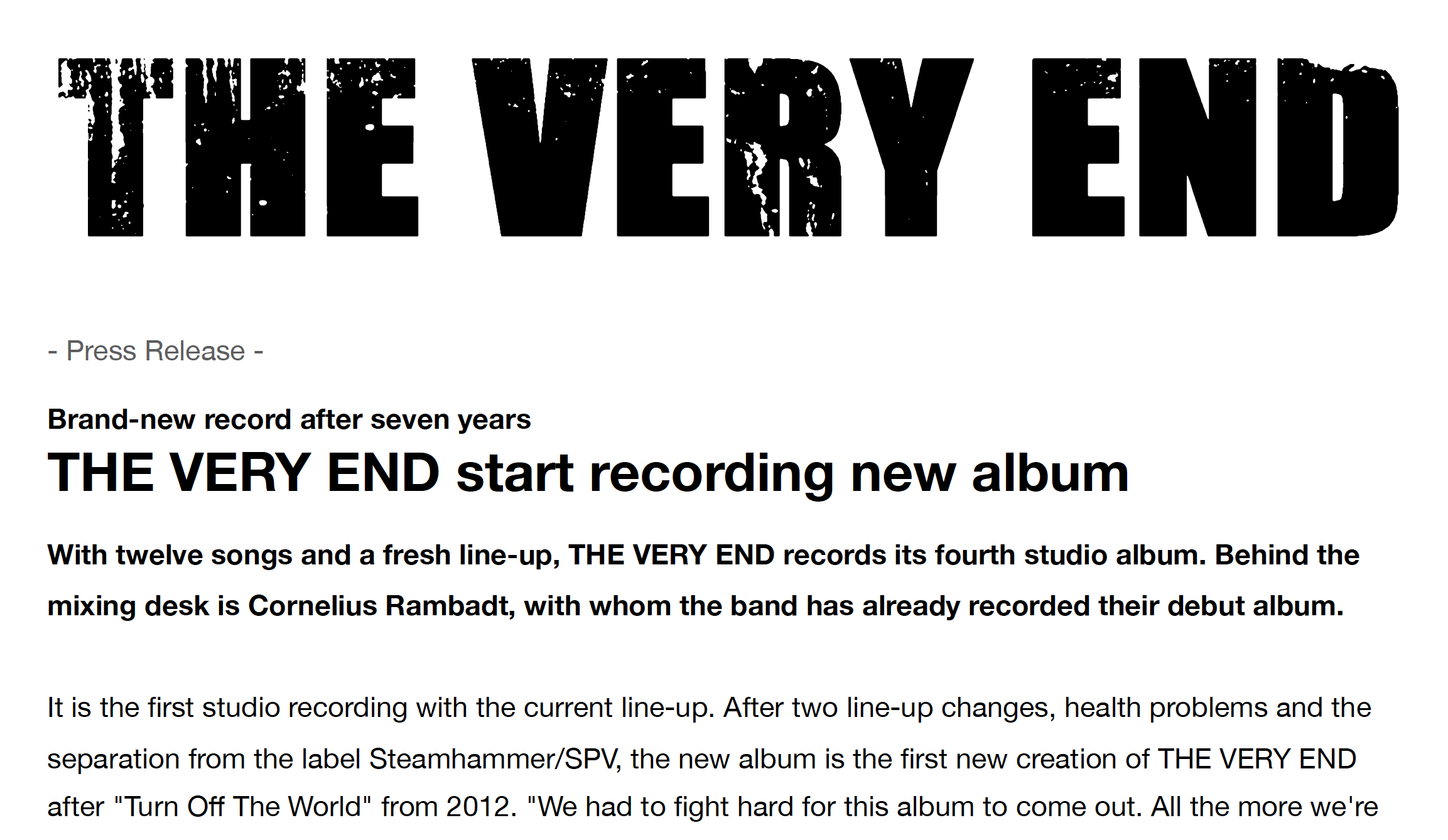 ENGLISH: The Very End start recording new album - press release