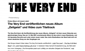 DEUTSCH: The Very End veröffentlichen neues Album „Zeitgeist“ und Video zum Titeltrack - Pressemitteilung (PDF)